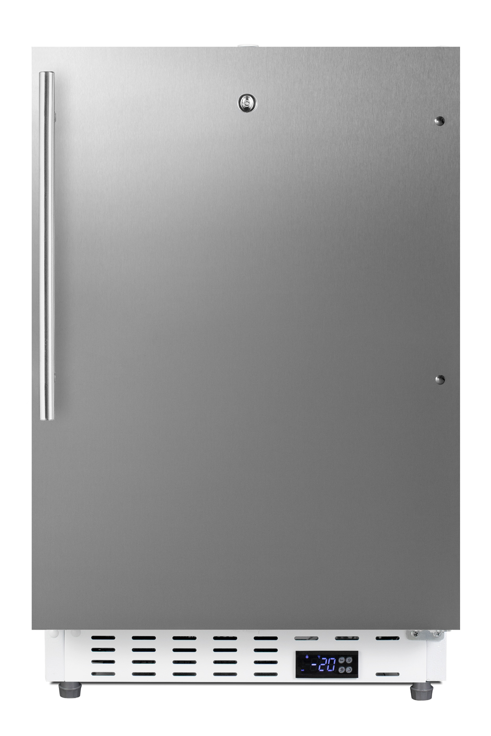 Built-in undercounter -25 C ADA compliant all-freezer with stainless steel front and handle, factory installed lock, digital controls, interior baskets, hospital cord with 'green dot' plug, access port, and manual defrost operation